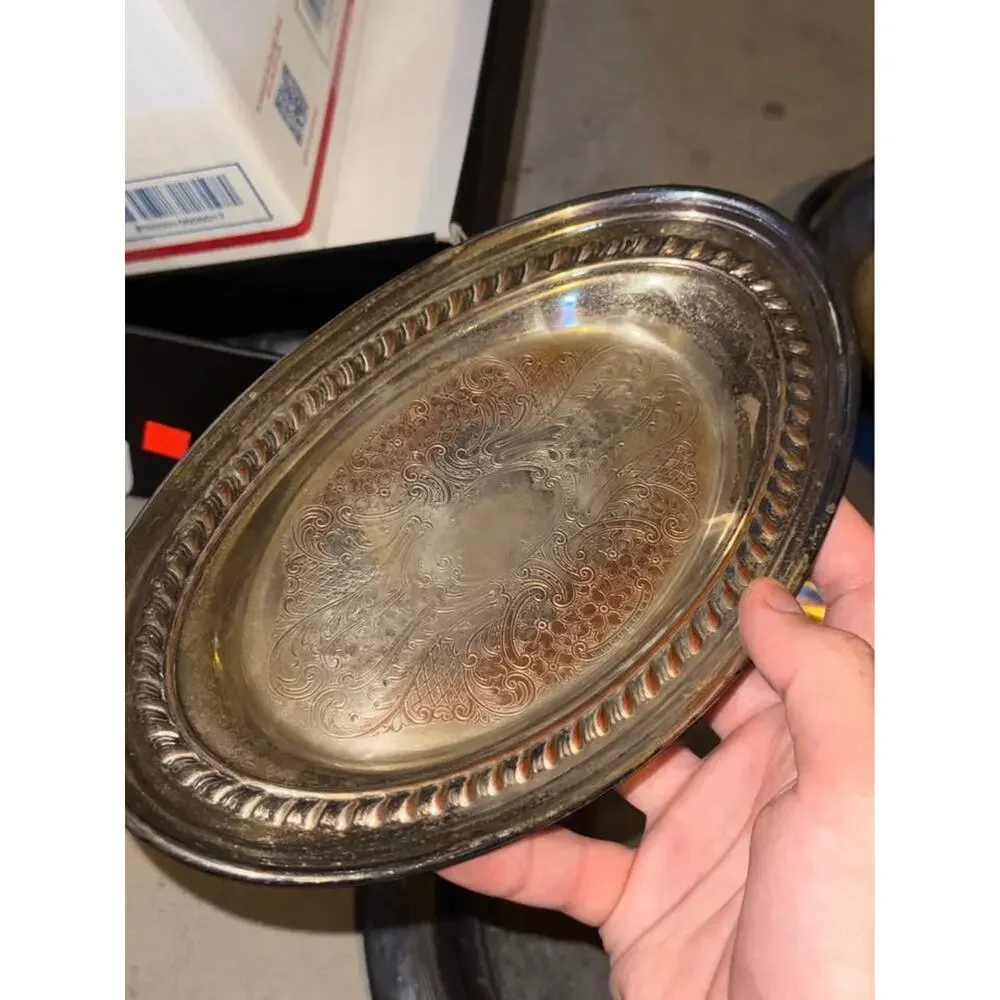 Vintage Silver Plate On Copper Oval Serving Dish / Tray, Eagle in Shield Makers